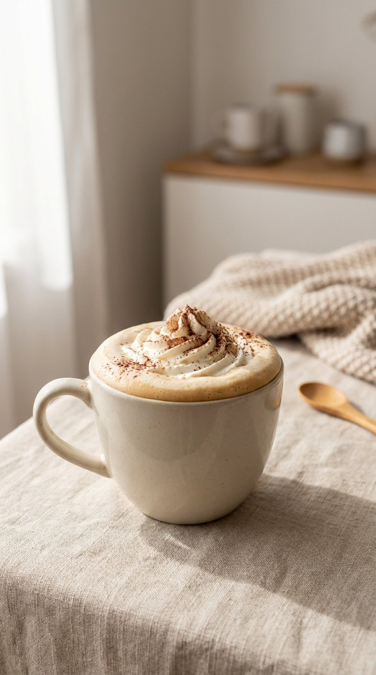 Creamy Frothy Coffee Drink In Ceramic Mug With Whipped Cream And Cocoa Powder On Linen Tablecloth