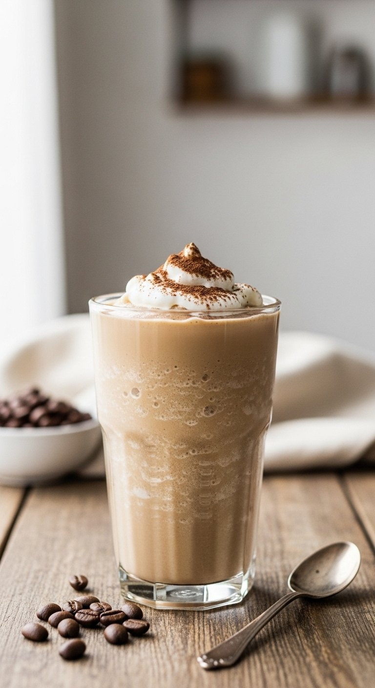 Creamy Frozen Coffee Slushy In A Tall Glass With Whipped Cream And Cocoa Dusting On A Rustic Wooden Table.