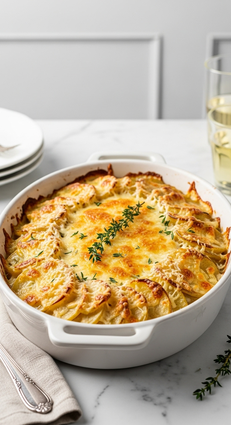Creamy Garlic Parmesan Potato Bake With A Golden Cheese Crust And Thyme In An Oval Baking Dish