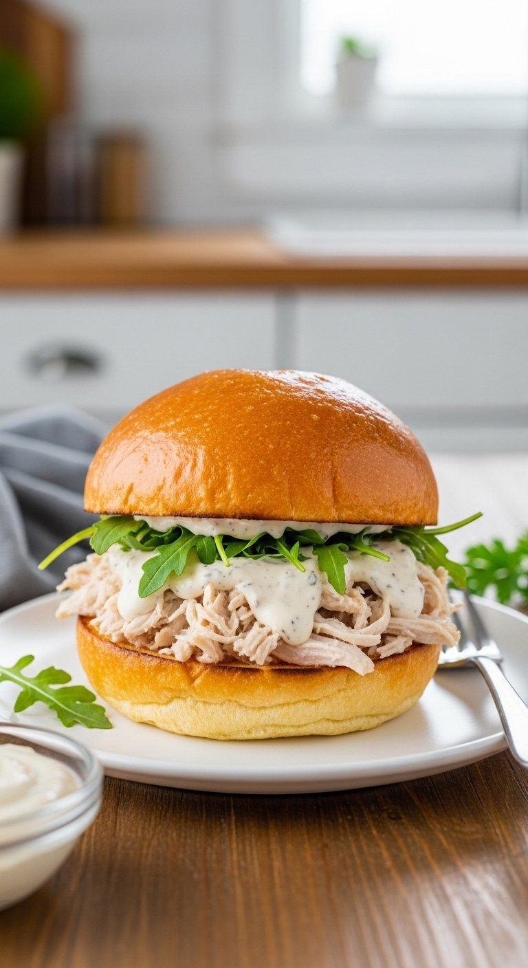Creamy Garlic Aioli Chicken Sandwich On Golden Brioche With Fresh Arugula Served On A White Plate.