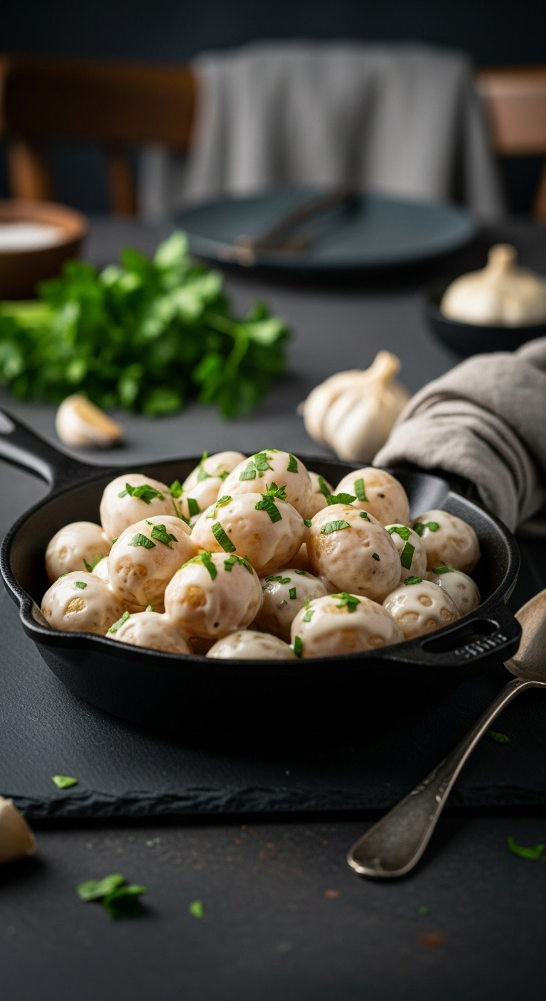 Creamy Garlic Baby Potatoes In A Black Cast-Iron Skillet With Fresh Parsley On A Dark Slate Surface