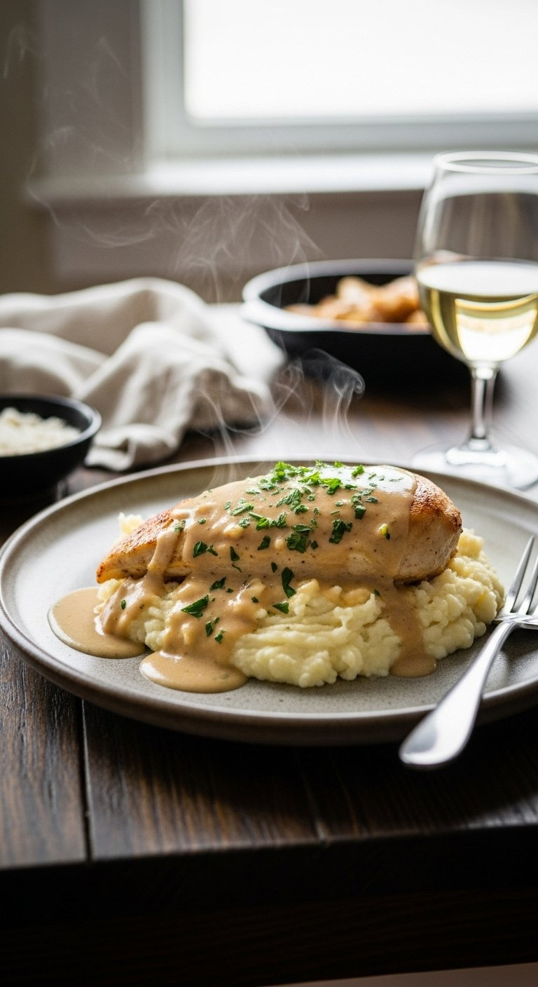 Creamy Garlic Chicken Breast Served Over Mashed Potatoes On A Rustic Ceramic Plate.