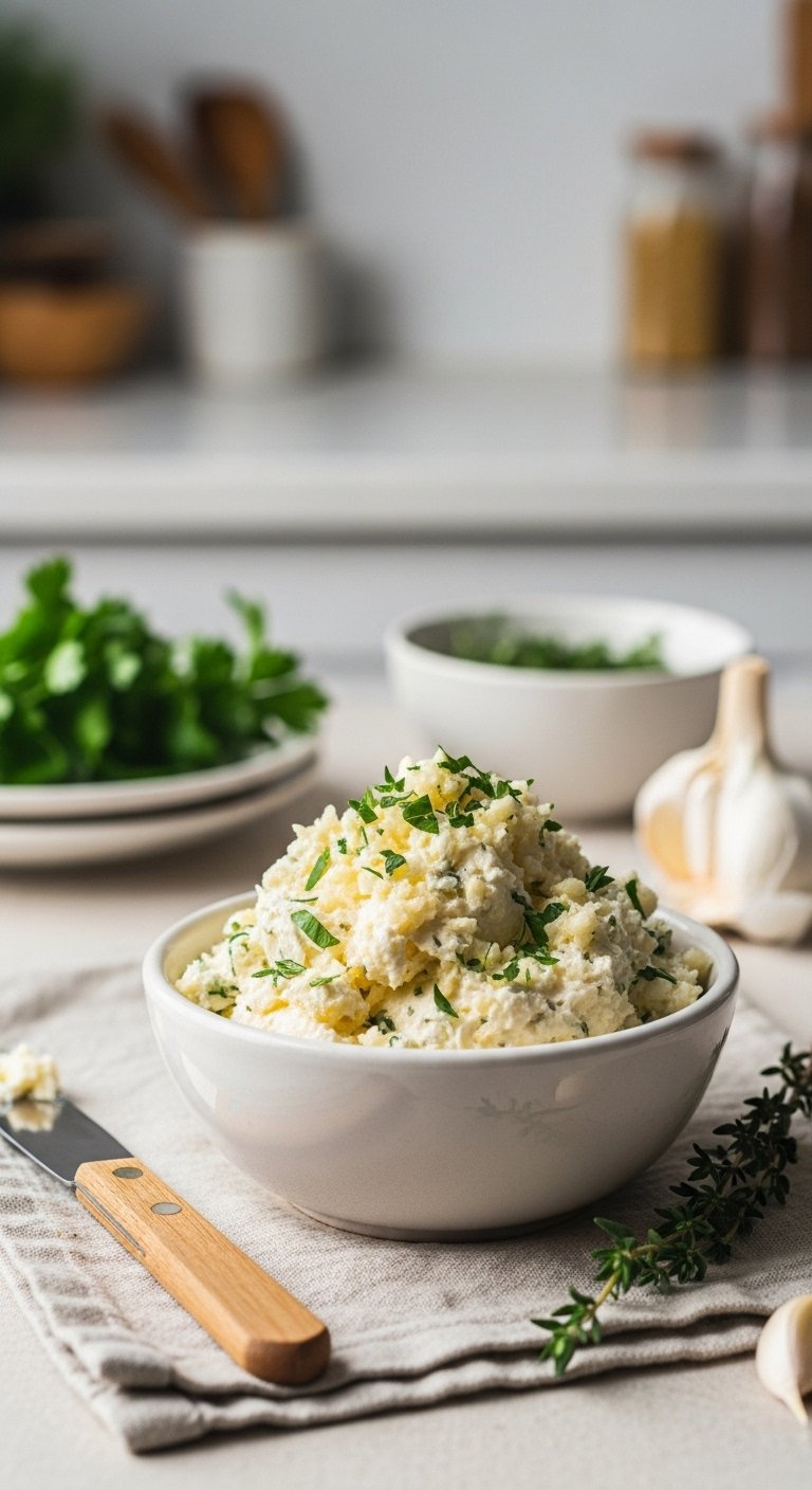 Creamy Garlic Herb Compound Butter Flecked With Parsley And Thyme In A Vintage Ceramic Bowl.