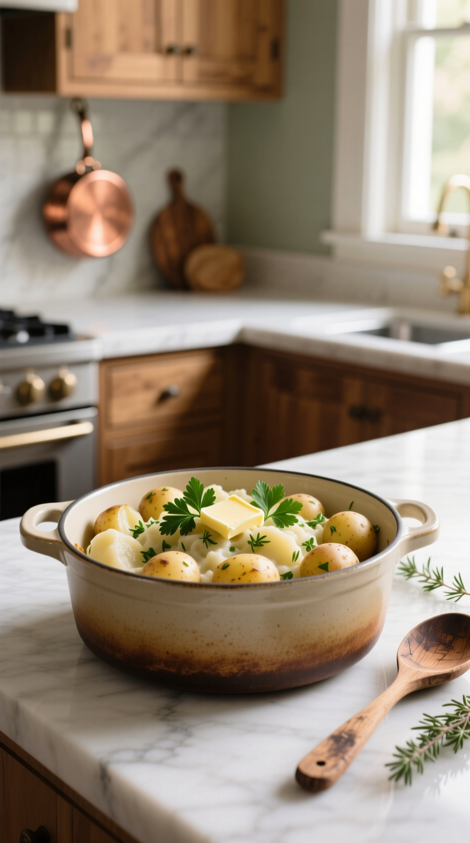 Creamy Garlic-Herb Potatoes With Melted Butter And Fresh Parsley In A Slow Cooker, Ready To Serve With A Wooden Spoon.