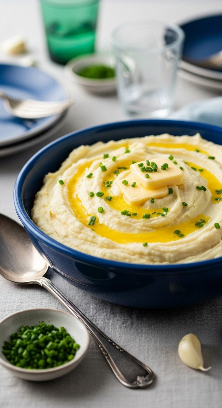 Creamy Garlic Mashed Potatoes With Vegan Butter, Fresh Chives In An Elegant Blue Bowl On A Linen Tablecloth.