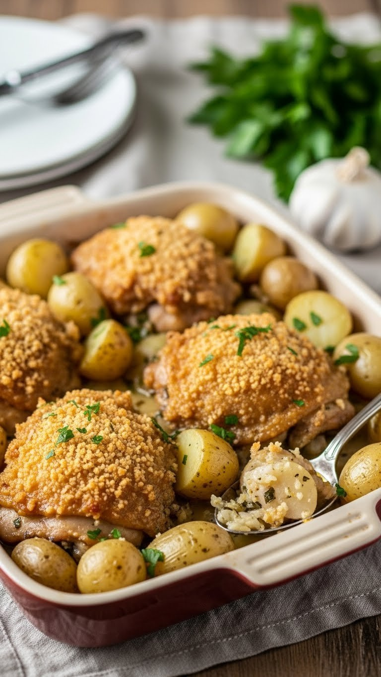 Creamy Garlic Parmesan Baked Chicken Thighs And Potatoes In Rustic Ceramic Baking Dish