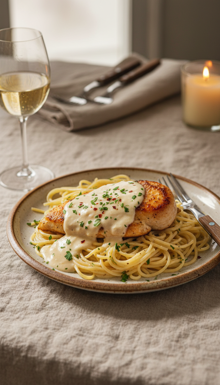 Creamy Garlic Parmesan Chicken Breast Served Over Angel Hair Pasta Garnished With Parsley And Red Pepper Flakes.