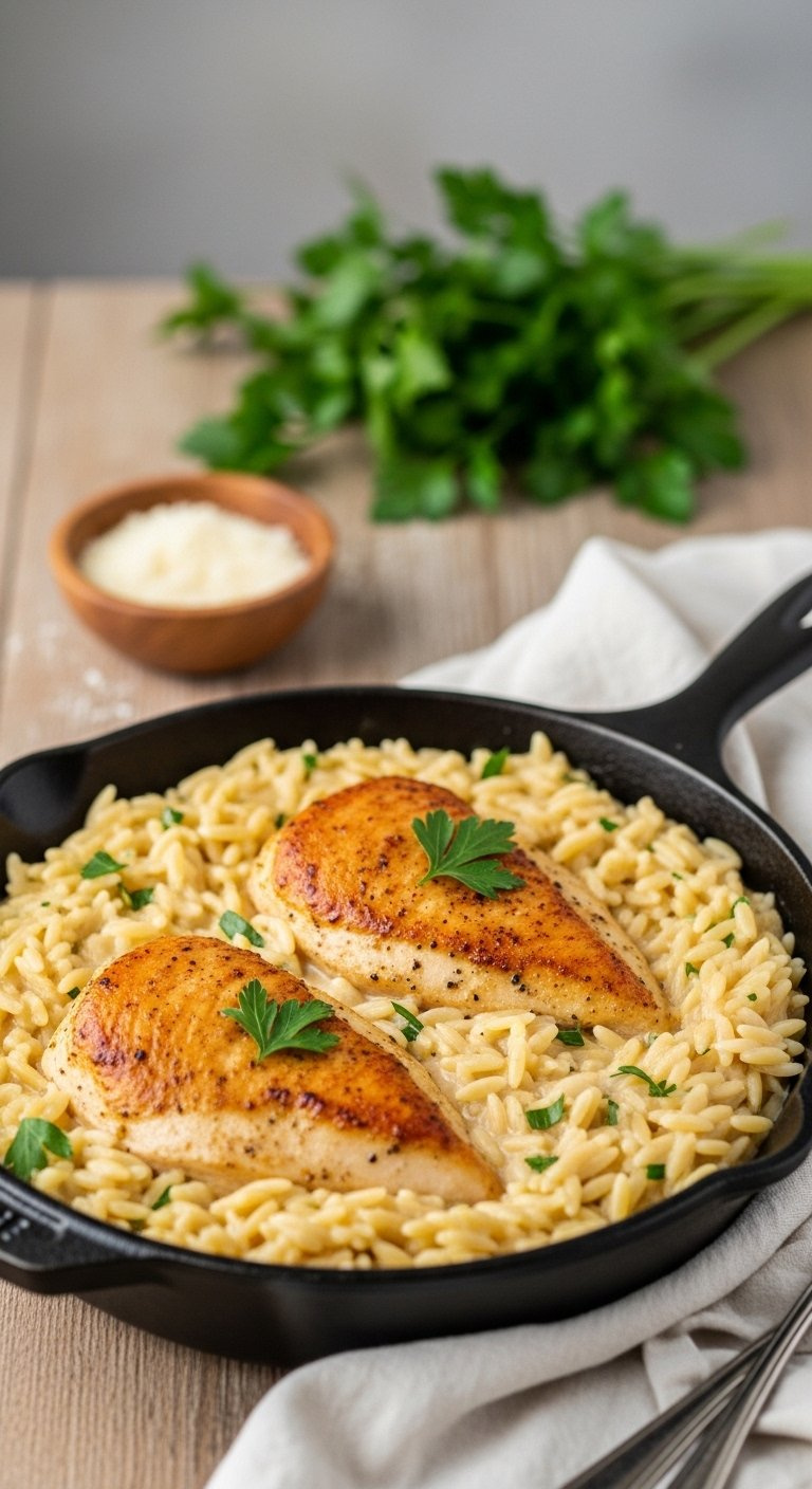 Creamy Garlic Parmesan Skillet Chicken Breasts Served Over Orzo Pasta With Parsley.