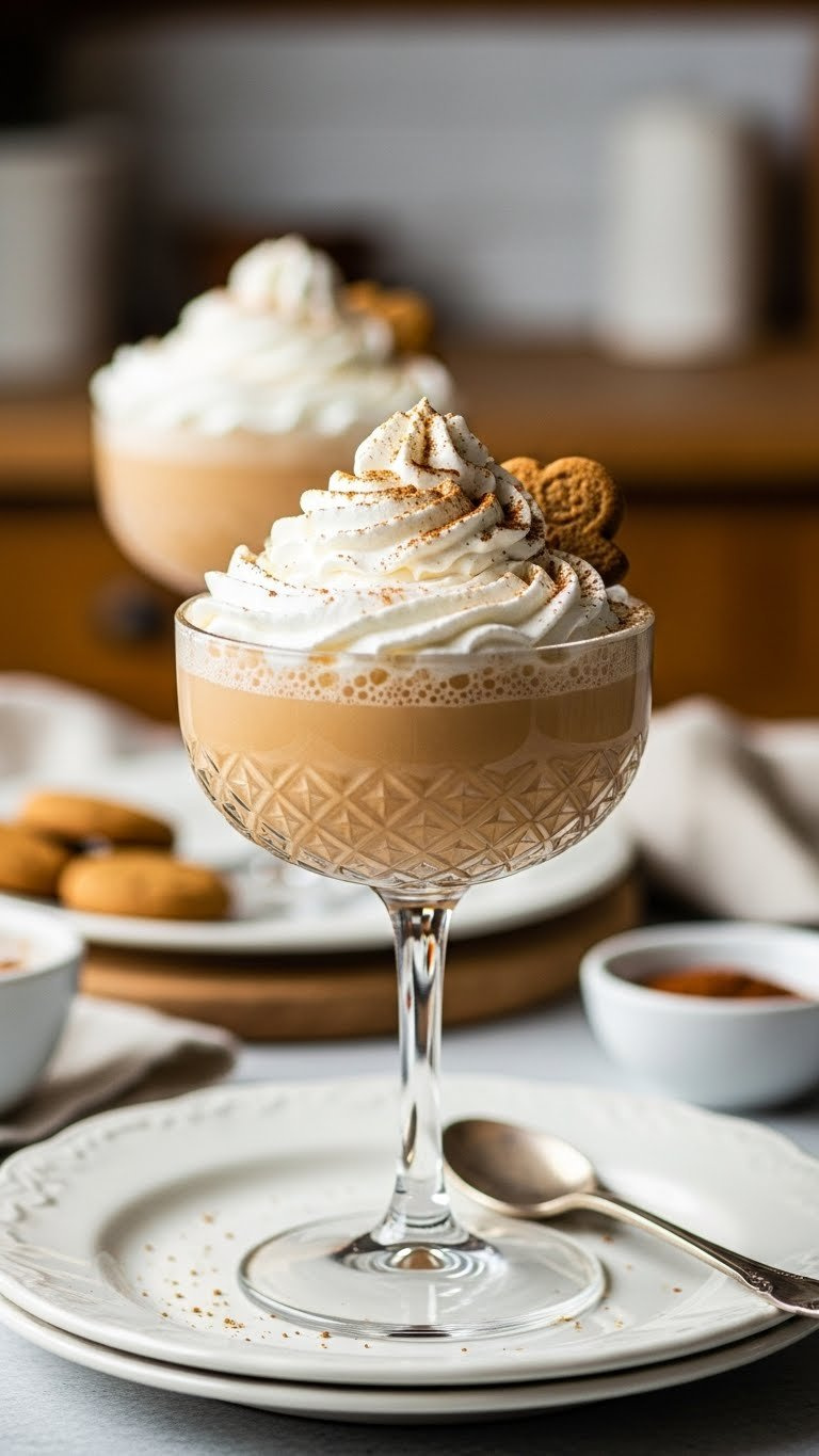 Creamy Gingerbread Cream Fizz Mocktail In Ornate Coupe Glass Topped With Whipped Coconut Cream