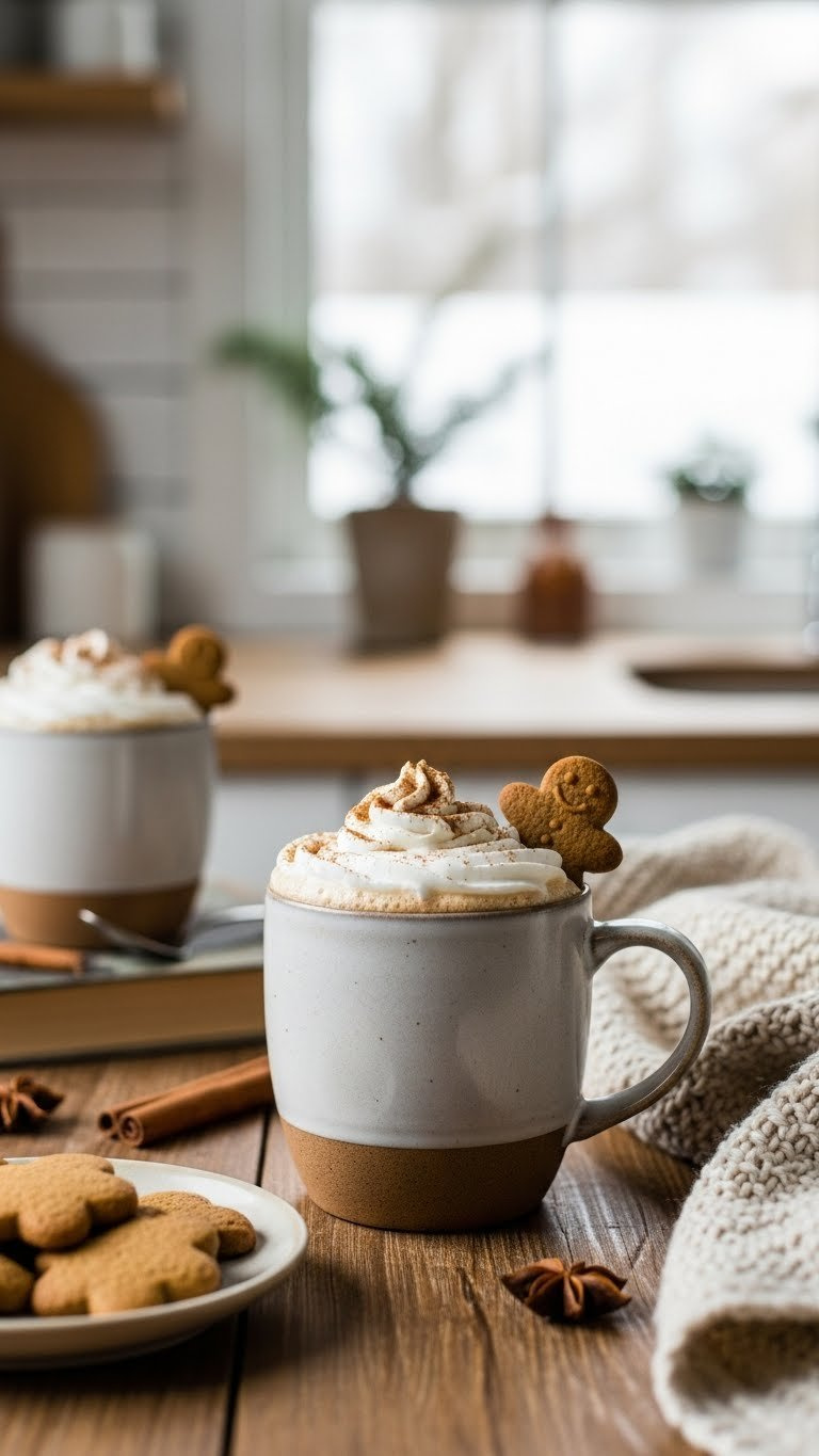 Creamy Gingerbread Latte With Cinnamon Swirl And Gingerbread Cookie In Ceramic Mug On Rustic Table.