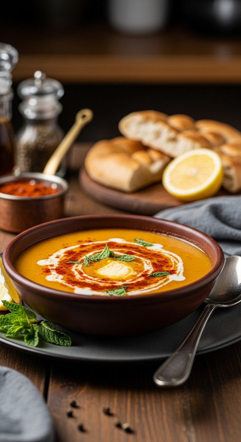 Creamy Golden Turkish Lentil Soup Garnished With Paprika Butter And Dried Mint In A Rustic Ceramic Bowl.
