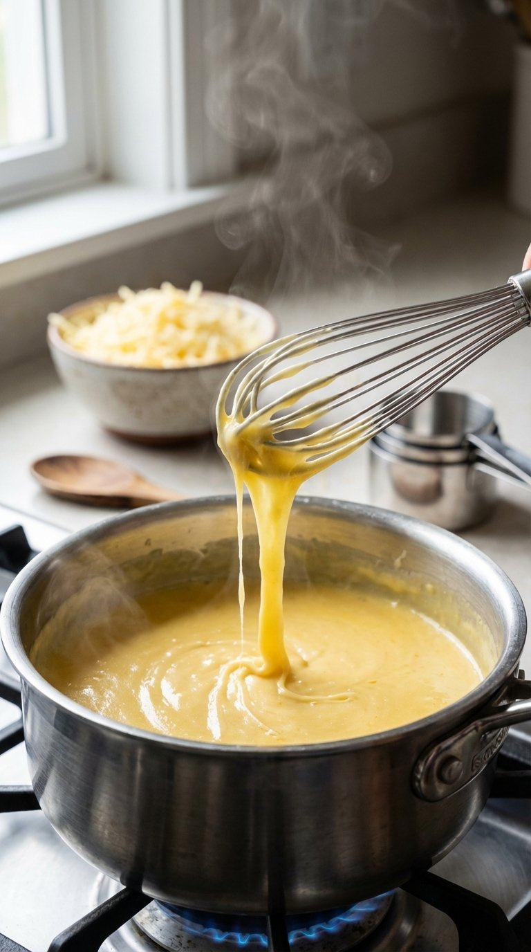 Creamy Golden-Yellow Mornay Cheese Sauce Being Whisked In Saucepan On Stovetop With Melting Cheese Visible