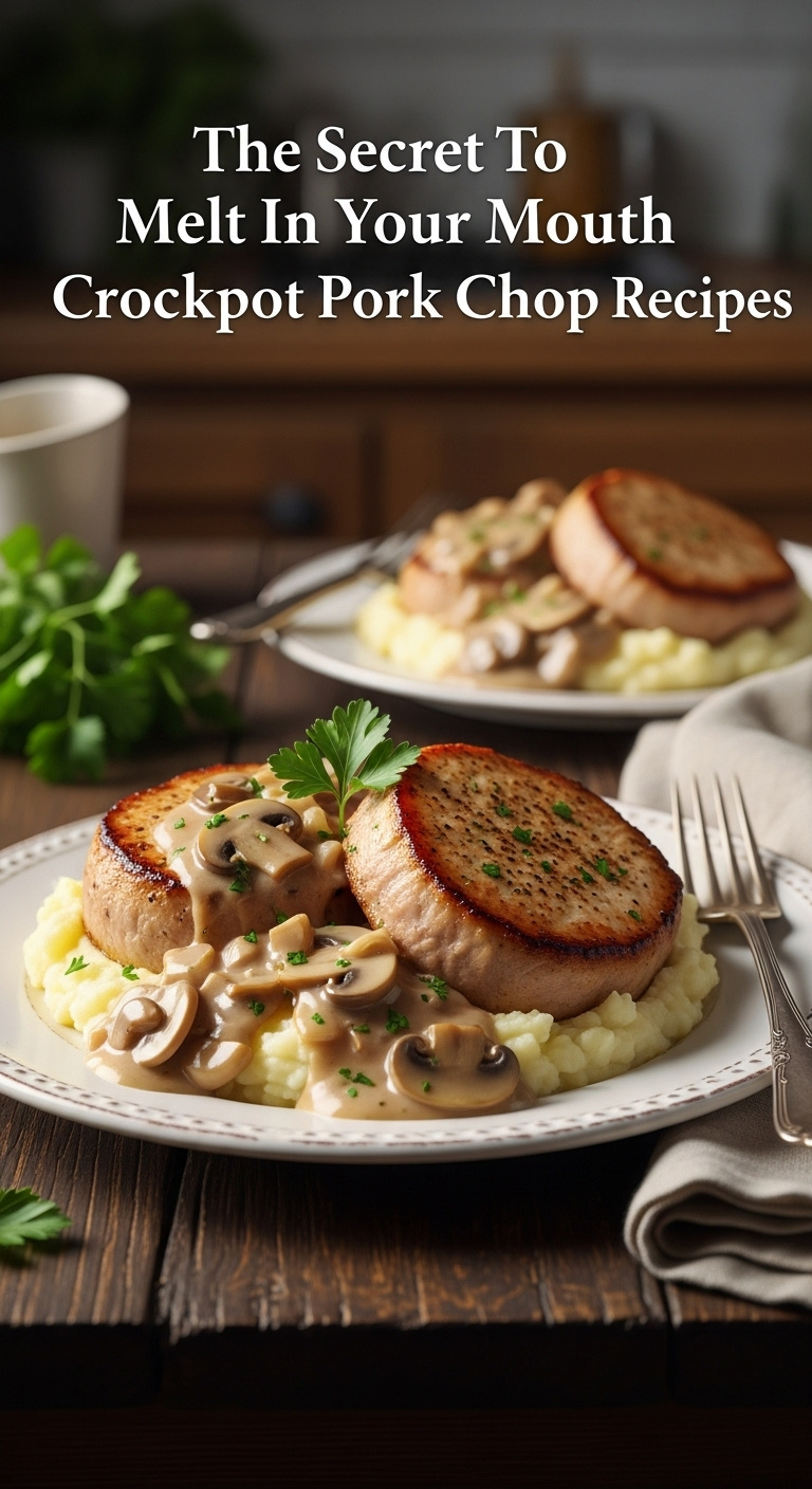 Creamy Gravy Crockpot Pork Chops On Mashed Potatoes With Parsley On A Rustic Plate In Natural Light On A Dark Wood Table