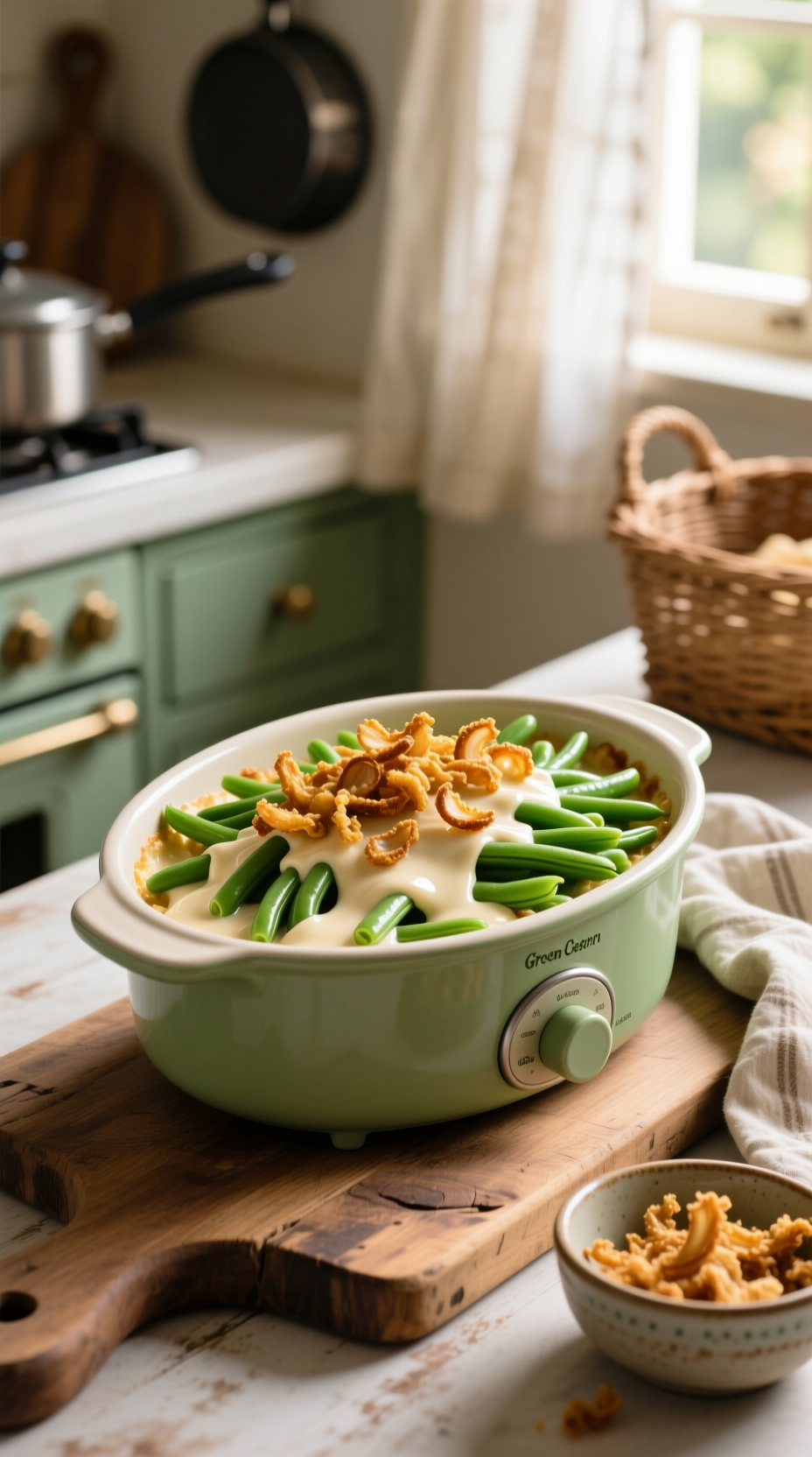Creamy Green Bean Casserole With Crispy Fried Onions In An Oval Slow Cooker Insert On A Wooden Cutting Board, Rustic Kitchen.