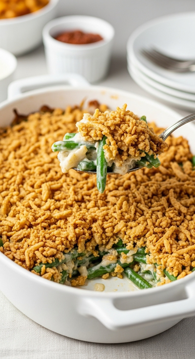 Creamy Green Bean Casserole With Crispy Golden-Brown Fried Onions In A White Oval Dish On A Light Linen Tablecloth.