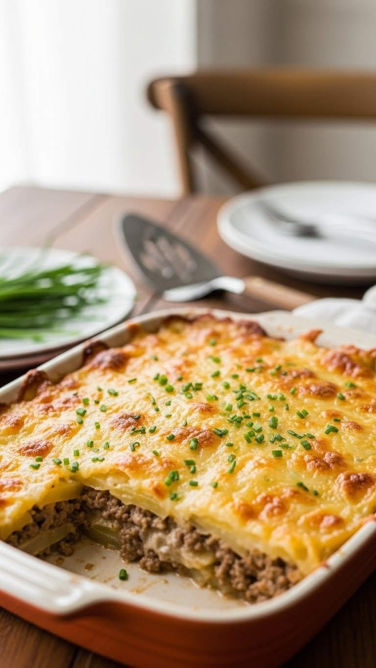 Creamy Ground Beef And Potato Gratin With Golden-Brown Melted Cheese Topping And Fresh Chives