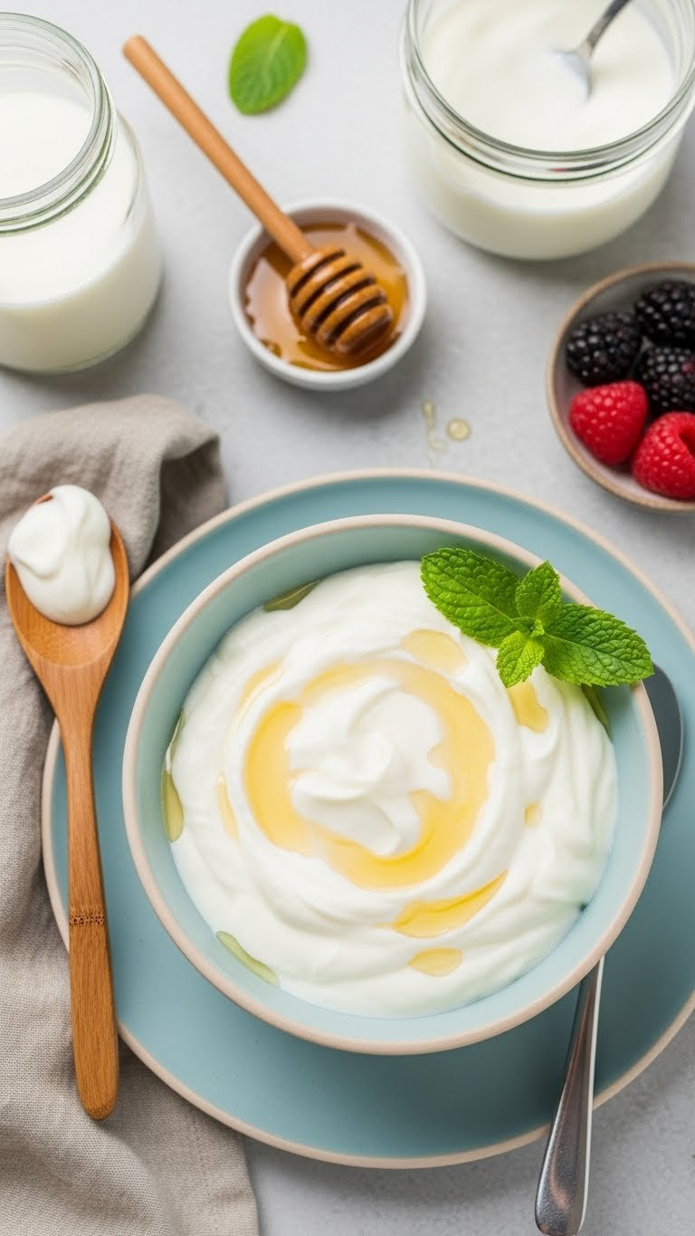 Creamy Homemade Instant Pot Greek Yogurt In A Light Blue Bowl, Garnished With Mint, Honey, And Fresh Berries, Ready To Eat.