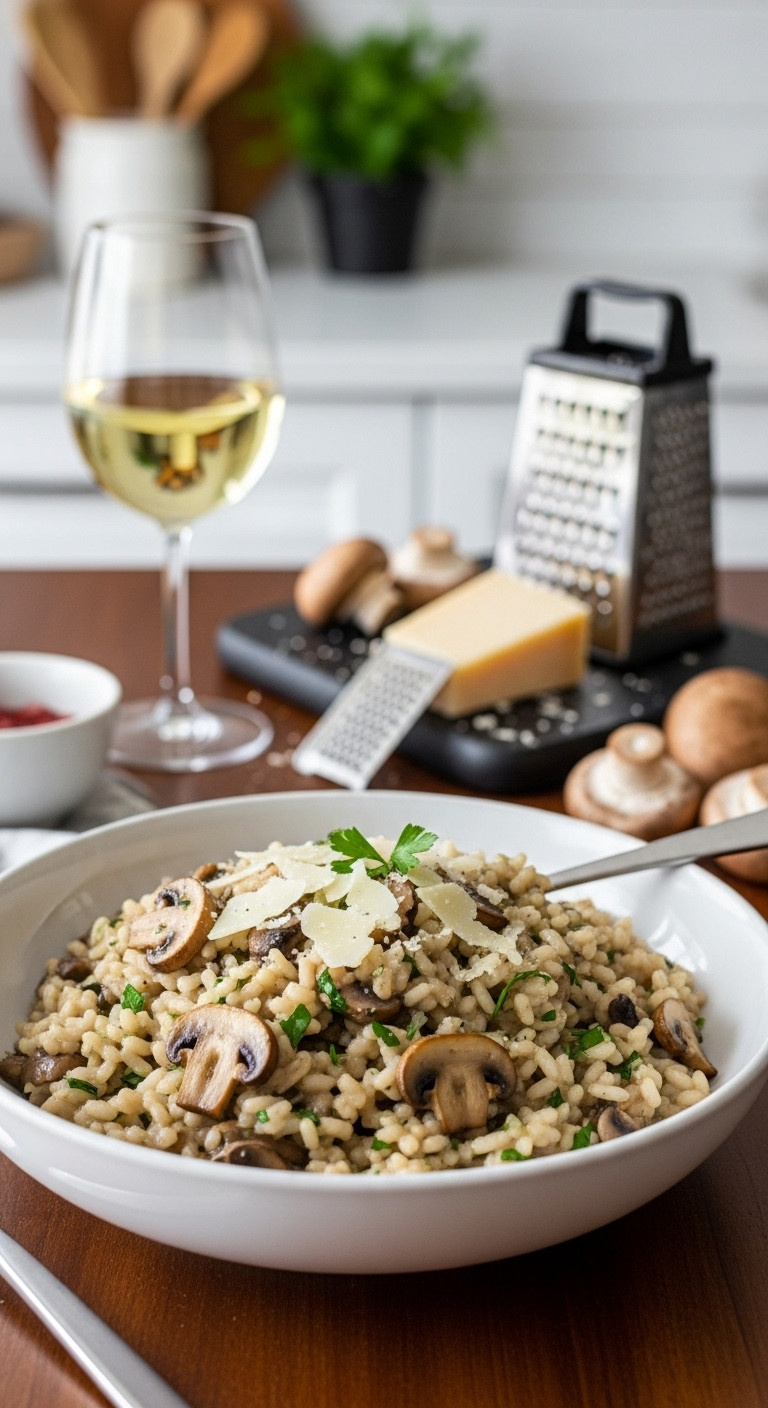 Creamy Instant Pot Mushroom Risotto With Browned Mushrooms Parsley And Parmesan In A Modern White Bowl On Dark Wood