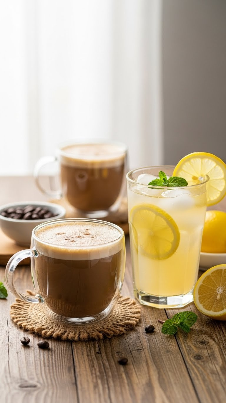 Creamy Keto Coffee And Sugar-Free Sparkling Lemonade Garnished With Lemon Slices On Rustic Wooden Table