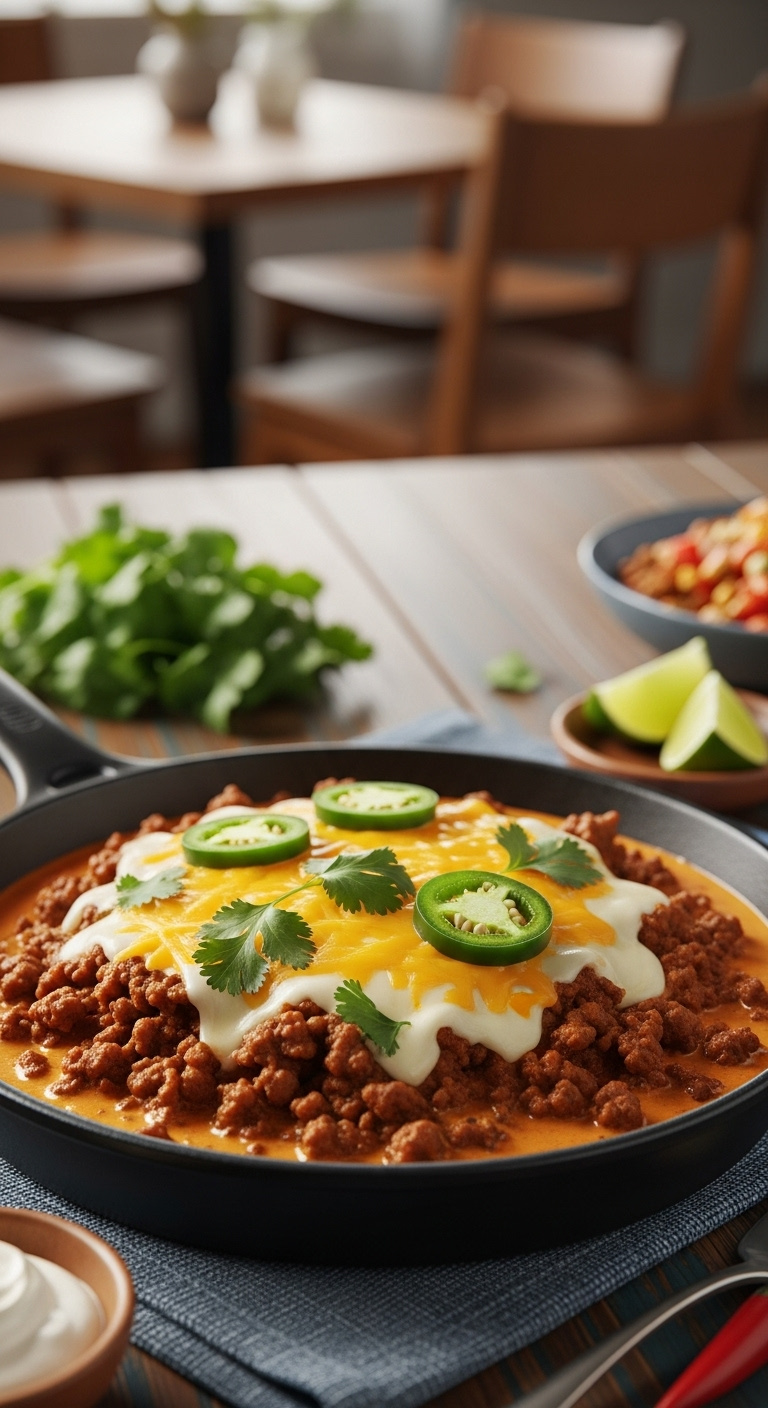 Creamy Keto Taco Skillet With Ground Beef Cheddar Cheese Cilantro And Jalapeño On Rustic Tabletop With Sour Cream And Lime Wedge High-End Magazine Cover Style