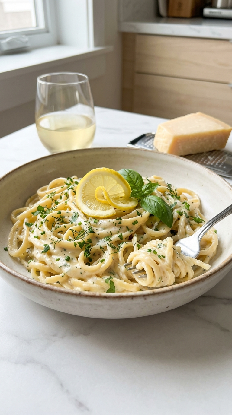 Creamy Lemon Herb Pasta In Pasta Bowl With Fresh Herbs And Lemon Wheel Garnish On Marble Countertop