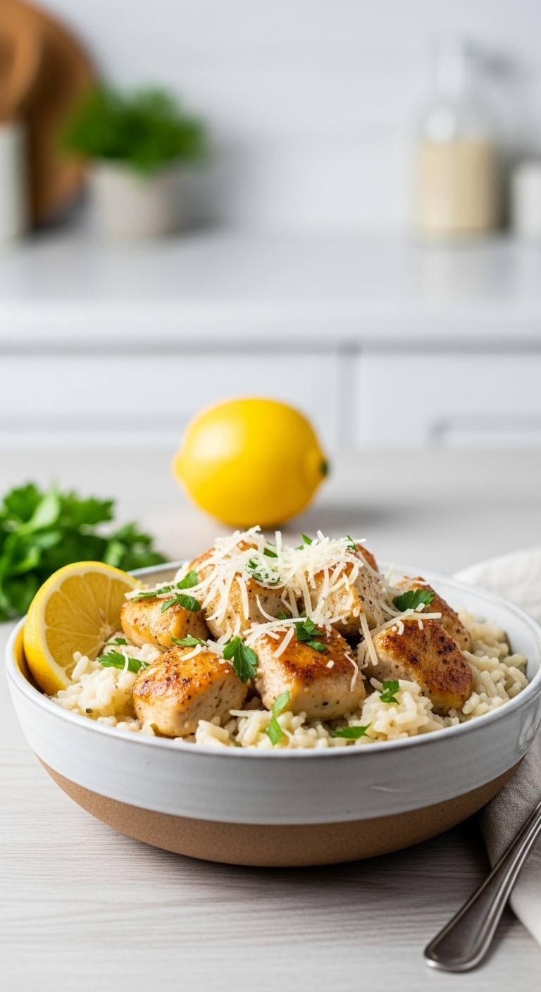 Creamy Lemon Parmesan Chicken And Rice In A Rustic Ceramic Bowl With Parsley And A Lemon Wedge