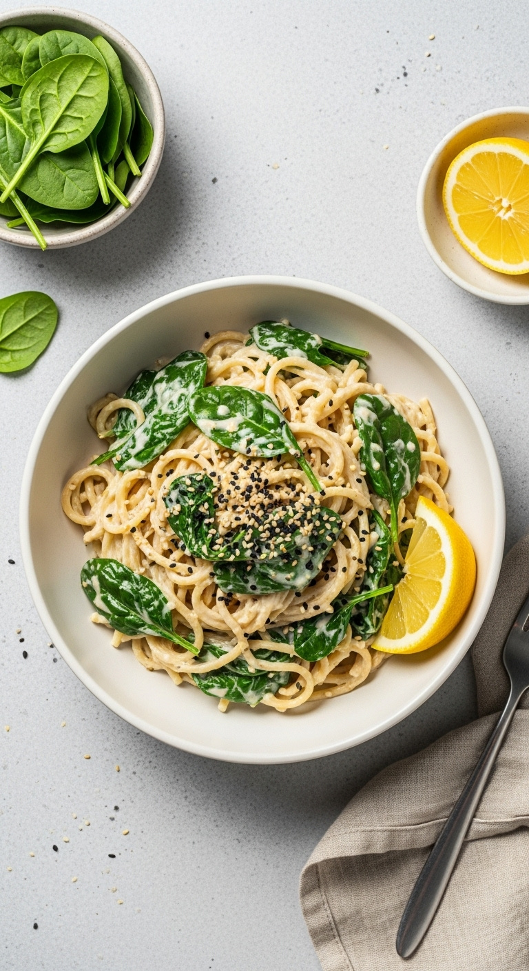 Creamy Lemon Tahini Pasta With Spinach Black Sesame Seeds And Lemon Wedge In Minimalist Bowl With Fork And Napkin