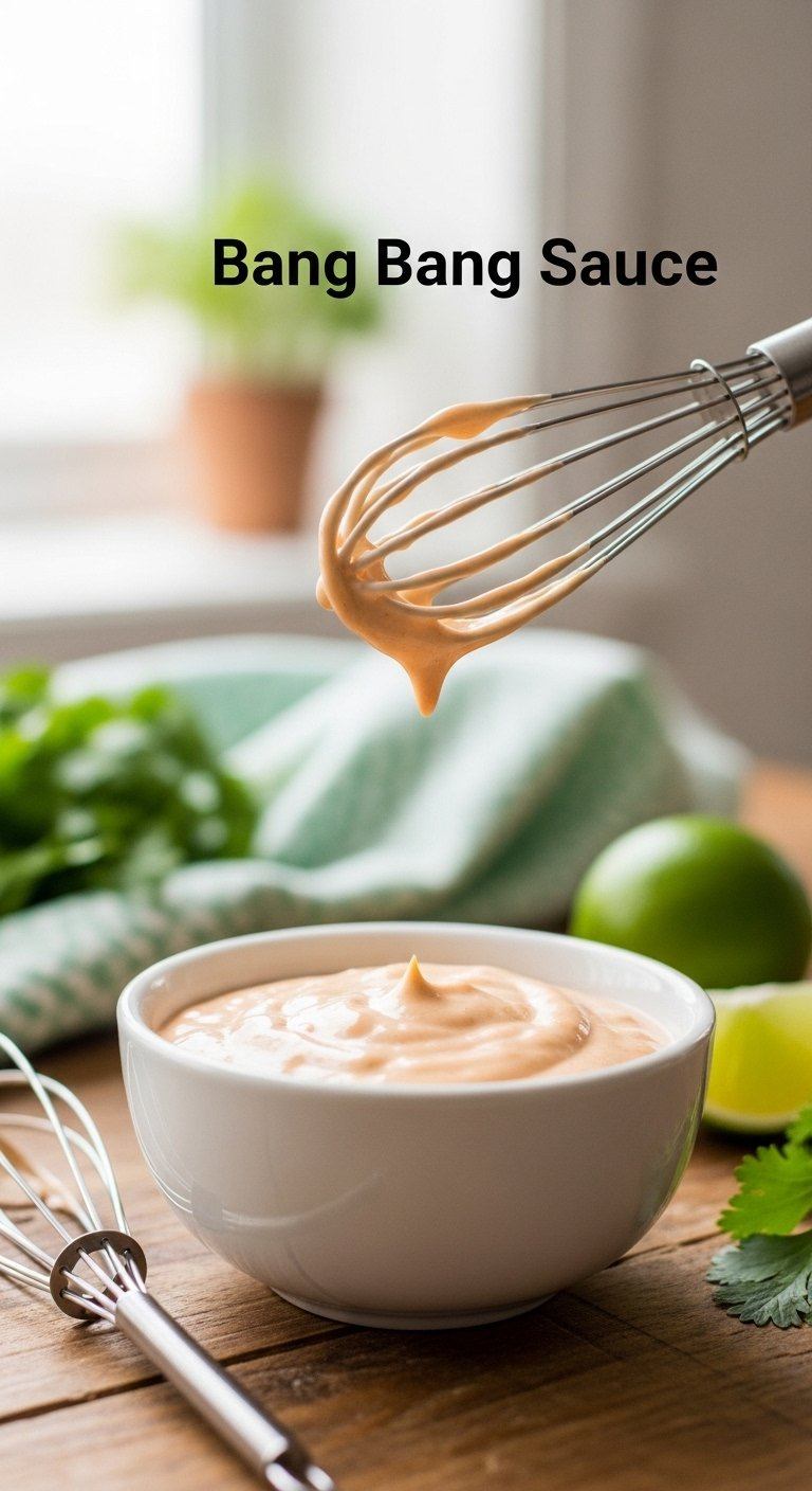 Creamy Light-Pink Bang Bang Sauce In A White Ceramic Bowl With Fresh Cilantro And A Lime Wedge On A Rustic Wooden Table.