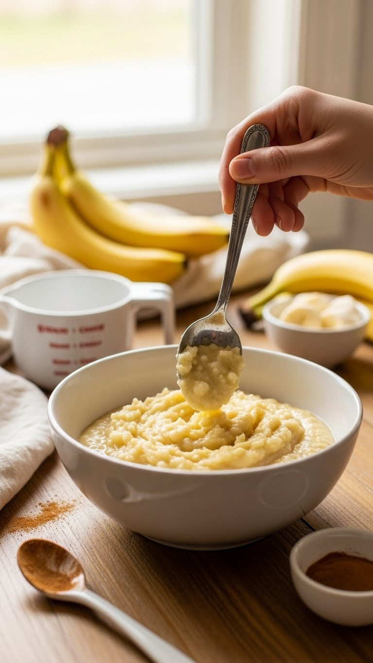 Creamy Mashed Banana Puree In A Bowl With A Spoon On A Rustic Wooden Table, Ready For Baking, Under Warm Golden Hour Light.