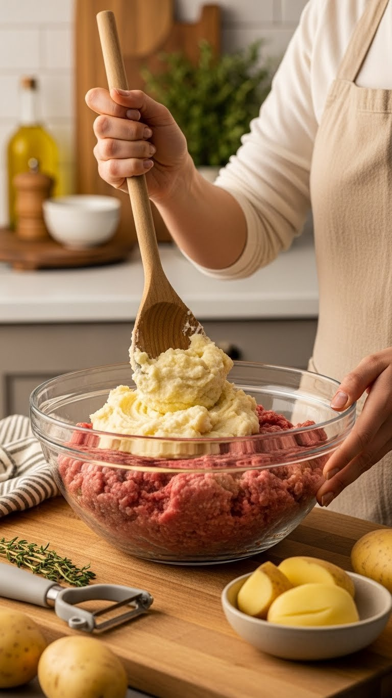 Creamy Mashed Potato Mixing Into Raw Meatloaf With A Wooden Spoon In A Bowl On A Cutting Board. Warm Creams, Golden Browns.