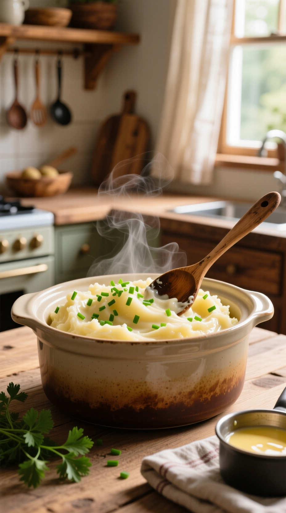Creamy Mashed Potatoes, Gently Stirred With A Wooden Spoon In A Slow Cooker, Garnished With Fresh Chives, On A Rustic Table.