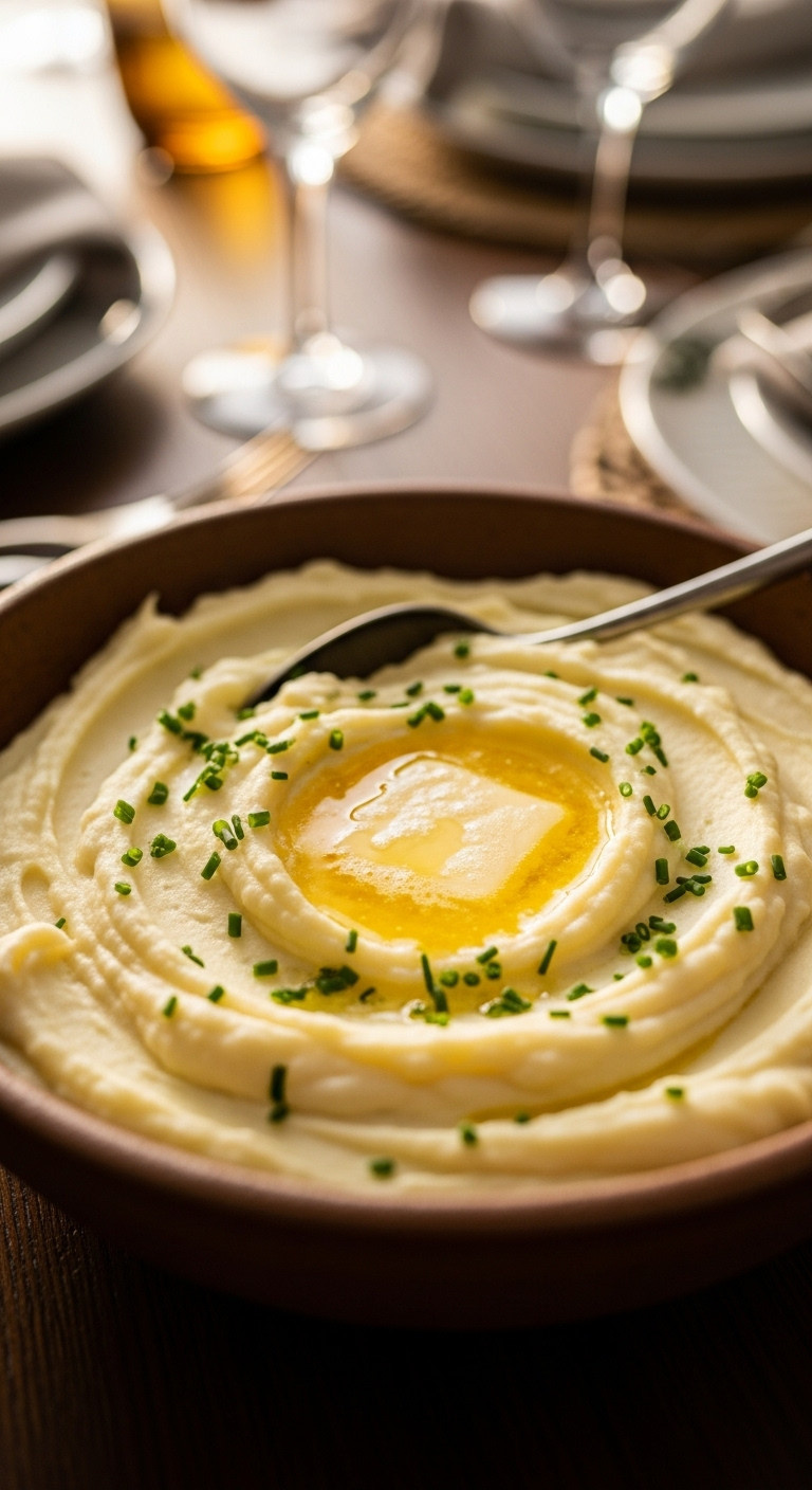 Creamy Mashed Potatoes In A Rustic Ceramic Bowl With Melting Butter, Chive Garnish, On A Dark Wooden Table.