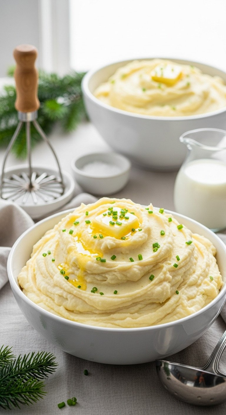 Creamy Mashed Potatoes Piled High With Melting Butter And Chives In A White Stoneware Bowl. Cozy, Inviting Holiday Side Dish.