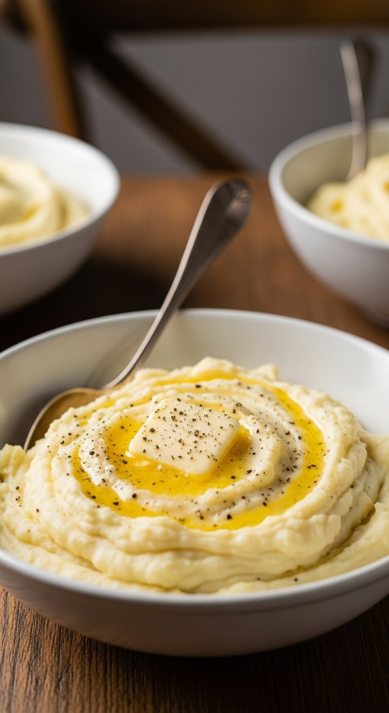 Creamy Mashed Potatoes Topped With Melting Butter And Black Pepper Sit In A Bowl With A Silver Spoon.