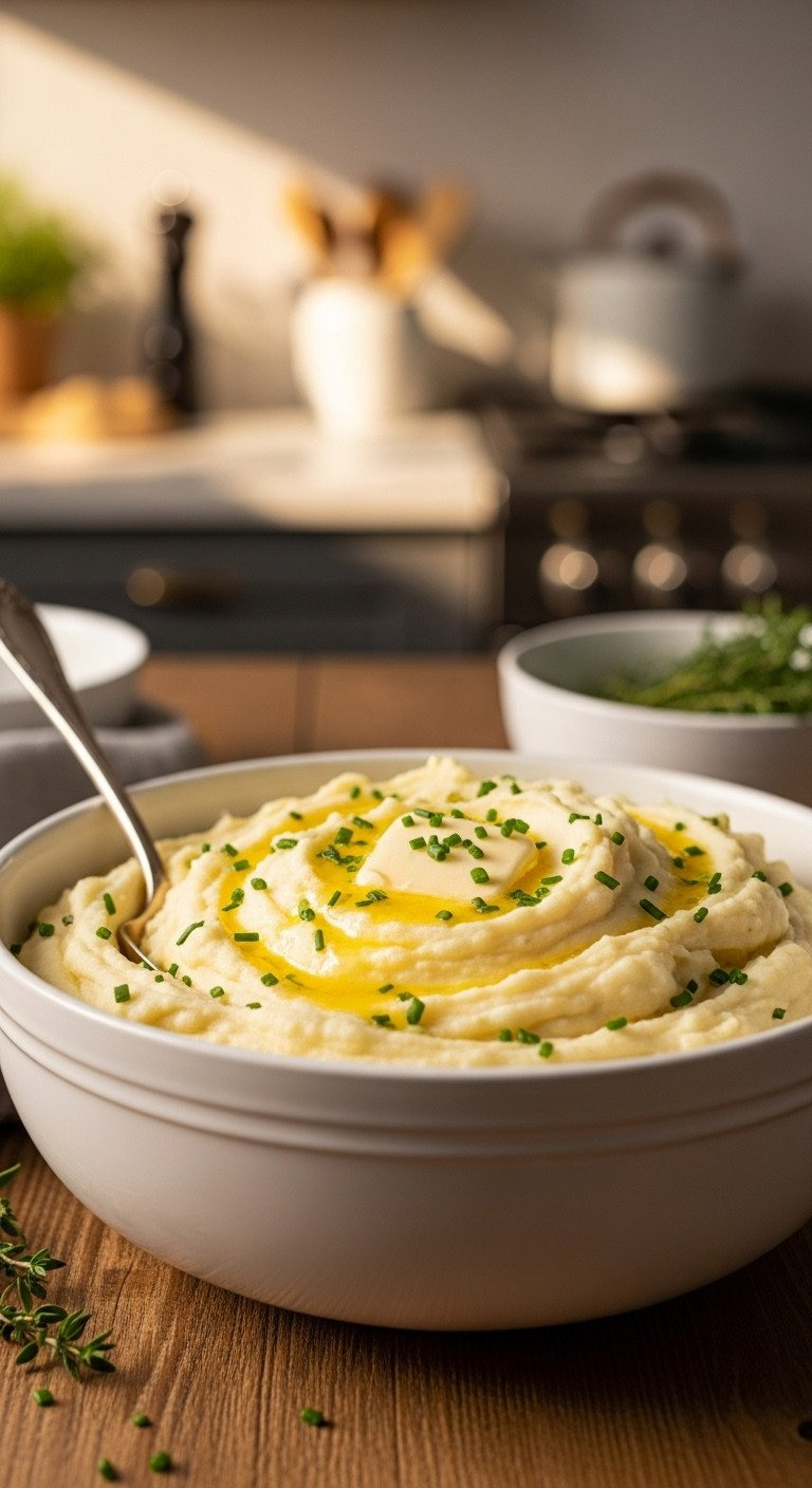 Creamy Mashed Potatoes With Melted Butter And Chives In A White Bowl On A Rustic Wooden Table, Illuminated By Warm Golden Light.