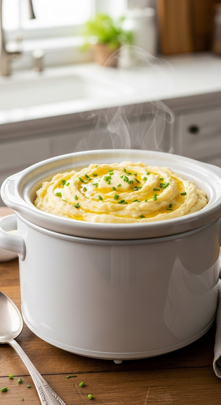 Creamy Mashed Potatoes With Melted Butter &Amp; Chives In White Slow Cooker, Steam Rising, On Wooden Table. Delicious Homemade Recipe.