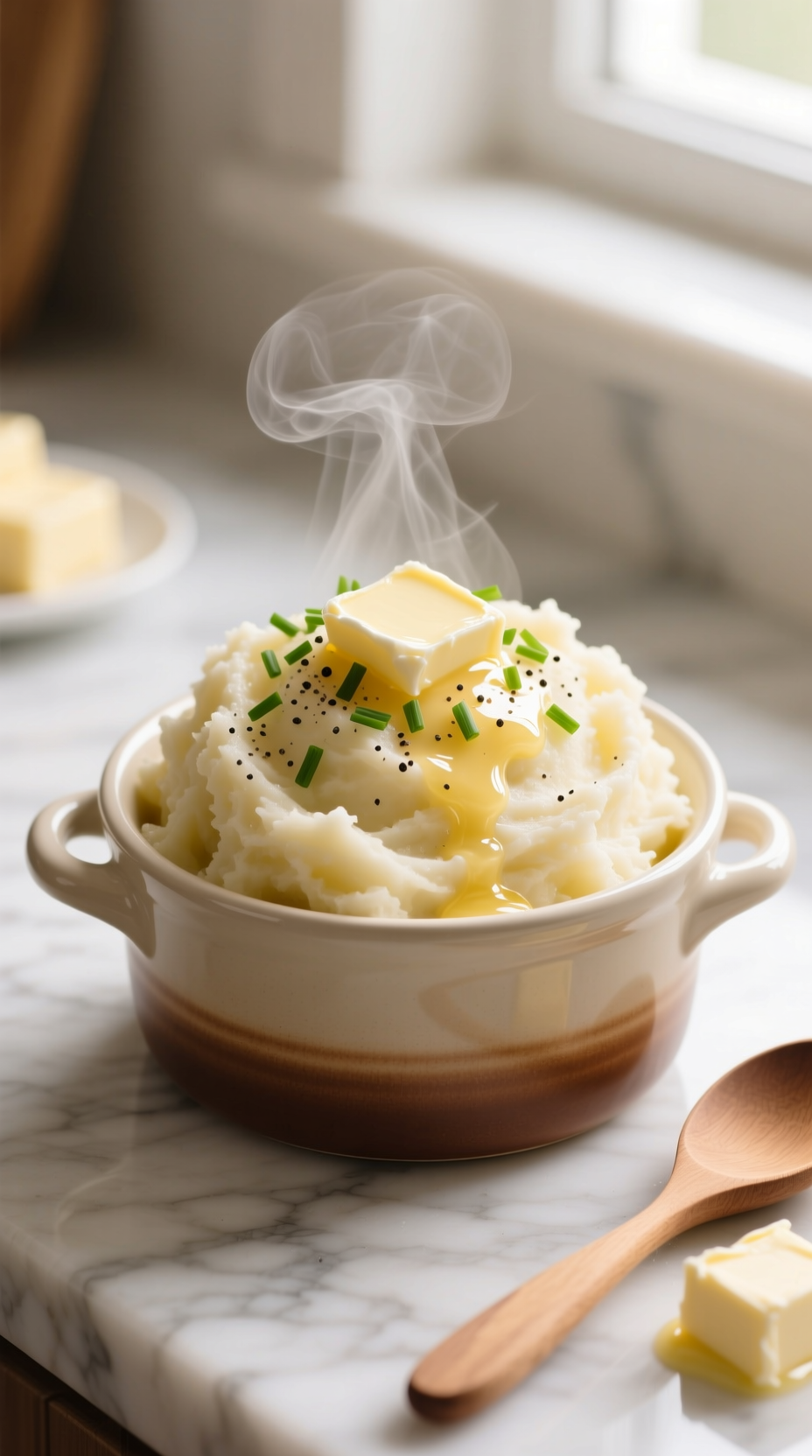 Creamy Mashed Potatoes With Melted Butter, Fresh Chives, And Black Pepper In A Crockpot Insert On A Marble Countertop.