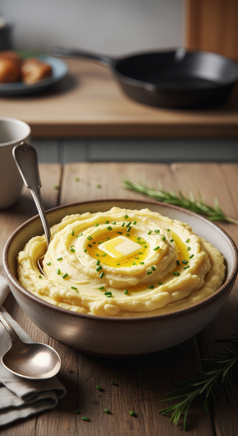 Creamy Mashed Potatoes With Melting Butter And Chives In A Rustic Bowl On A Wood Table With A Blurred Kitchen Background