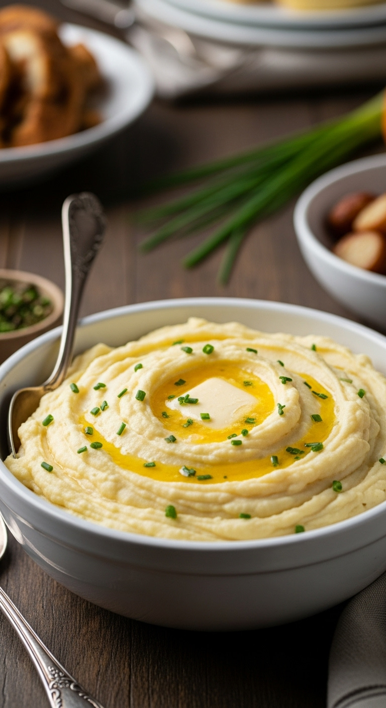 Creamy Mashed Potatoes With Melting Butter And Chives In A White Ceramic Bowl On A Rustic Wood Table With A Silver Spoon