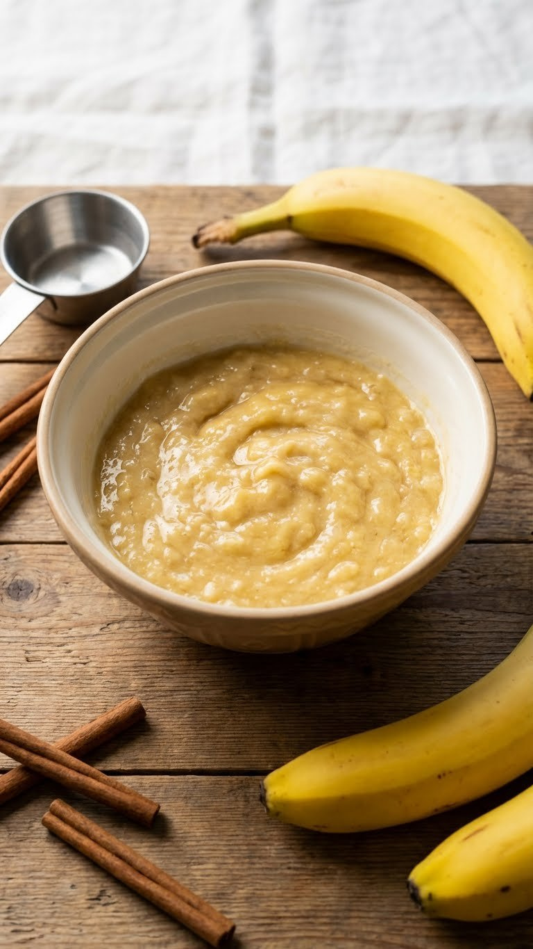 Creamy Mashed Ripe Banana In A Bowl On A Rustic Wooden Table With Unpeeled Bananas And Cinnamon Sticks, Ready For Baking.