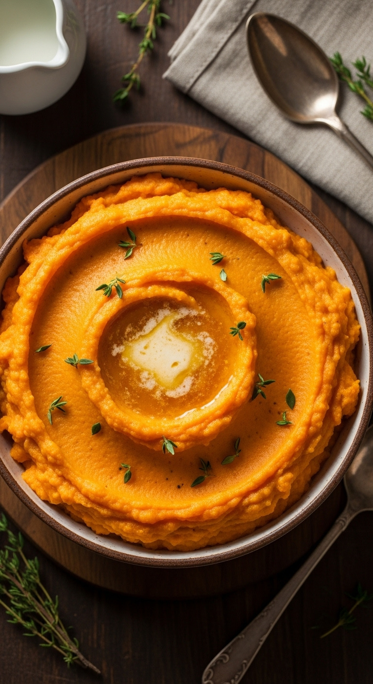 Creamy Mashed Sweet Potatoes With Brown Butter And Fresh Thyme In A Rustic Ceramic Bowl On A Dark Wood Surface