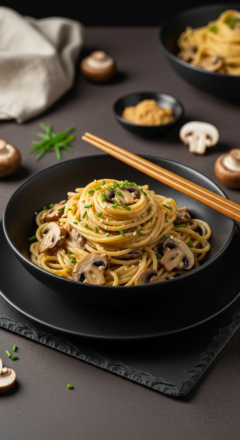 Creamy Miso Mushroom Pasta With Spaghetti Savory Sauce Sautéed Mushrooms And Chives In A Deep Bowl