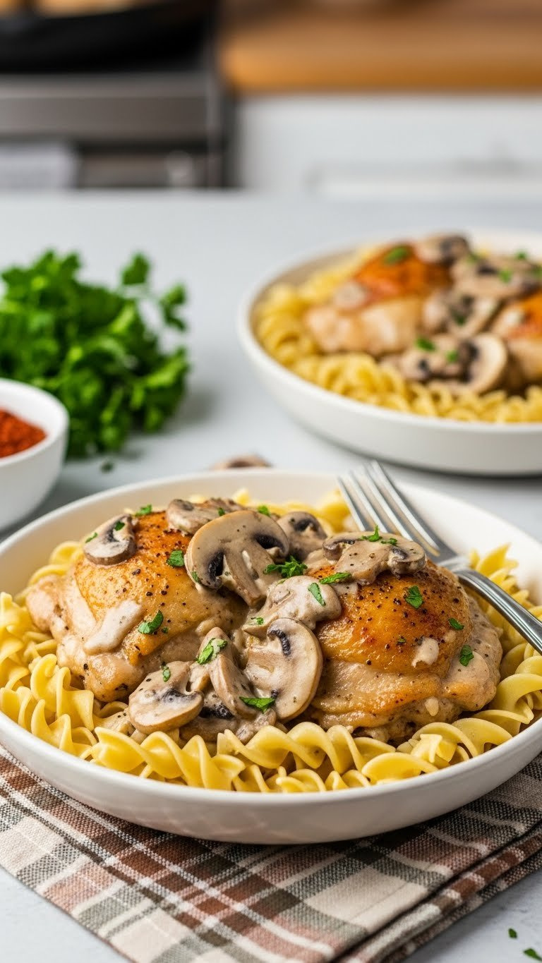Creamy Mushroom Chicken Thighs Over Egg Noodles With Rich Savory Sauce In Rustic Stoneware Bowl