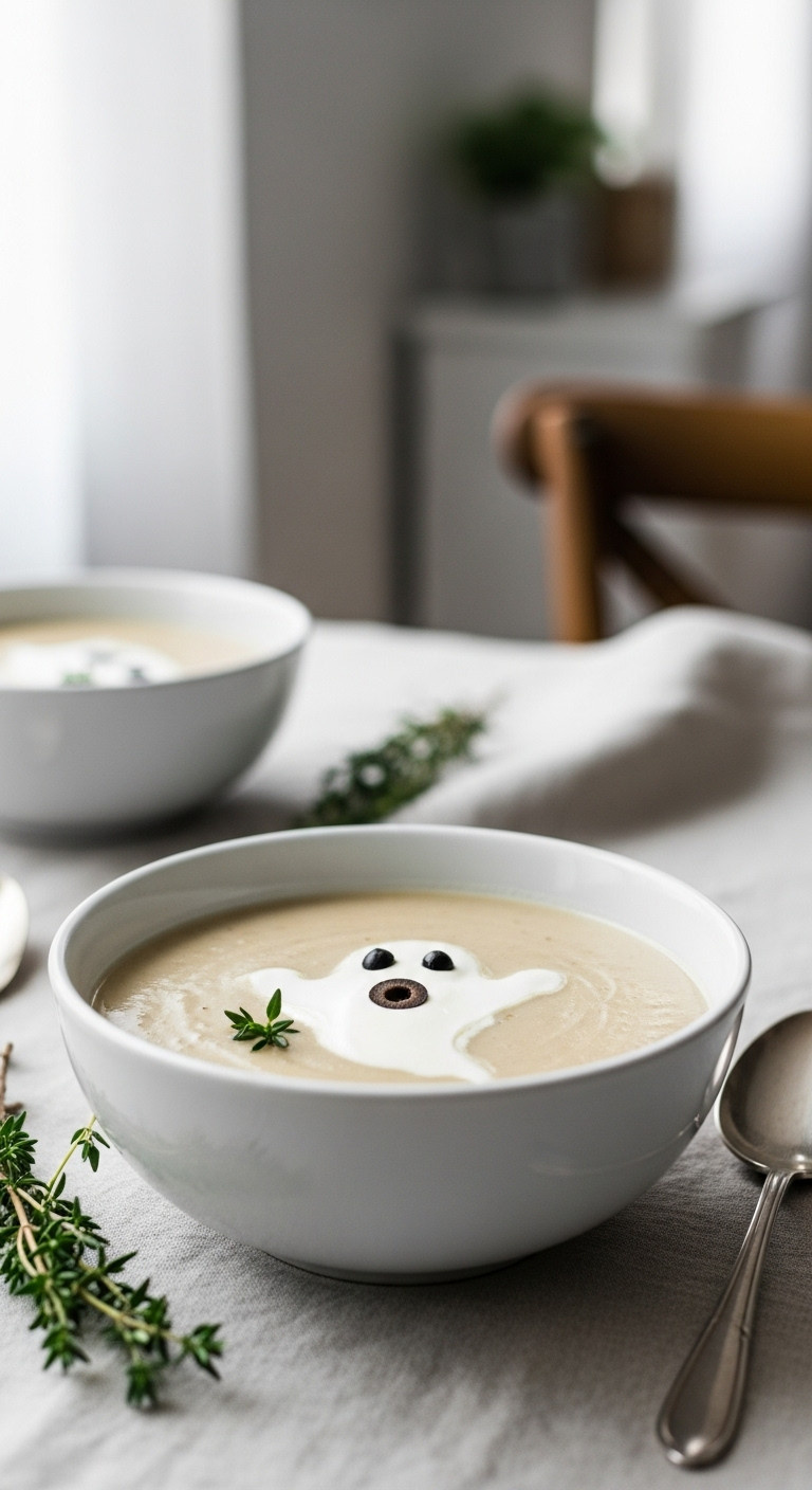 Creamy Mushroom Soup With Crème Fraîche Ghost, Olive Eyes In White Bowl, Thyme, Elegant Spoon On Linen Tablecloth. Cozy Halloween.