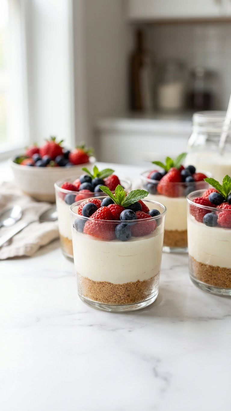Creamy No-Bake Cheesecake Cups With Golden Graham Cracker Crust And Fresh Berry Toppings On A Marble Countertop With Mint.