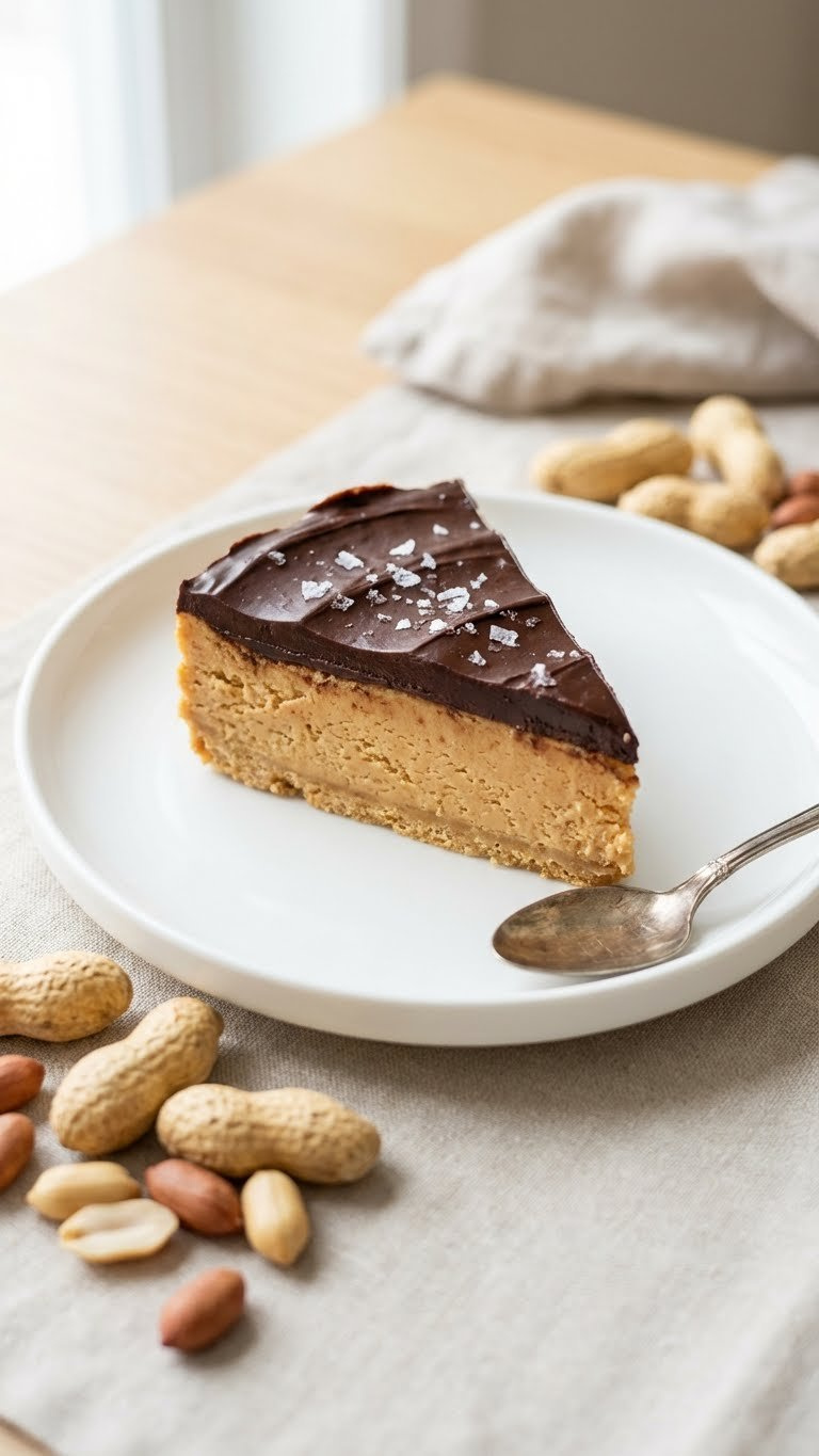 Creamy No-Bake Peanut Butter Bar With Chocolate Ganache And Sea Salt On A White Ceramic Plate With Whole Peanuts.