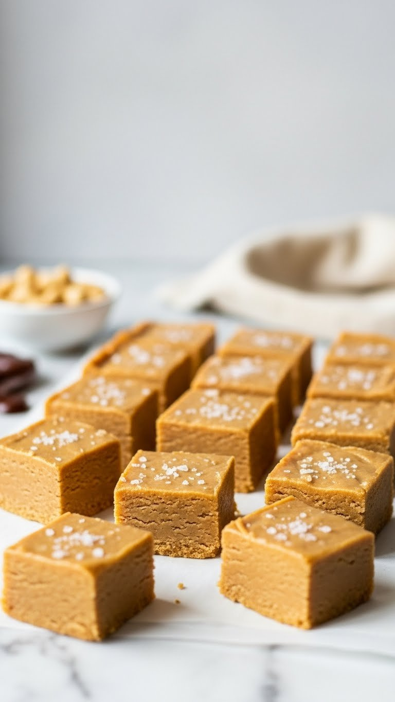 Creamy No-Bake Peanut Butter Fudge Squares With Sea Salt Sprinkle Arranged Neatly On Parchment Paper.