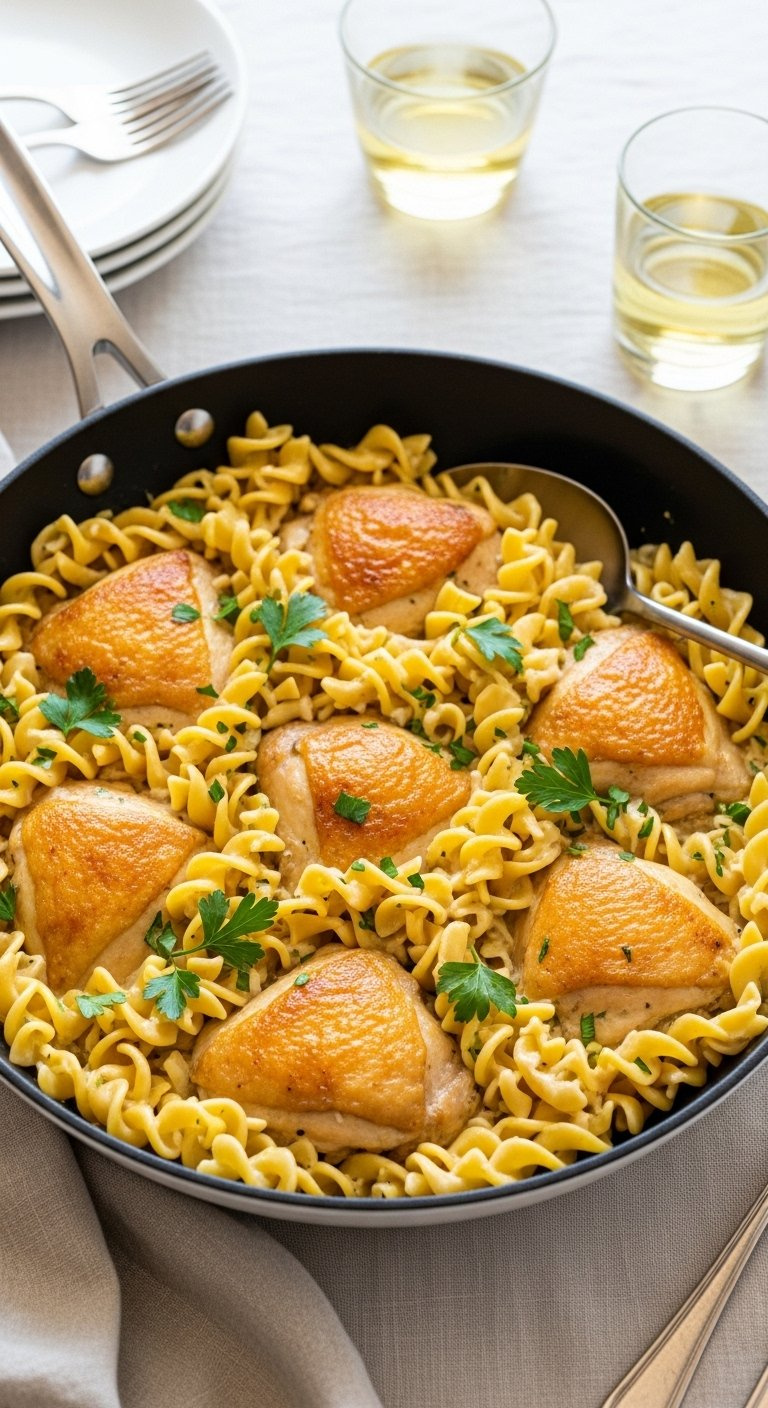 Creamy One-Pan Chicken And Noodles Garnished With Fresh Parsley In A Cast Iron Skillet.
