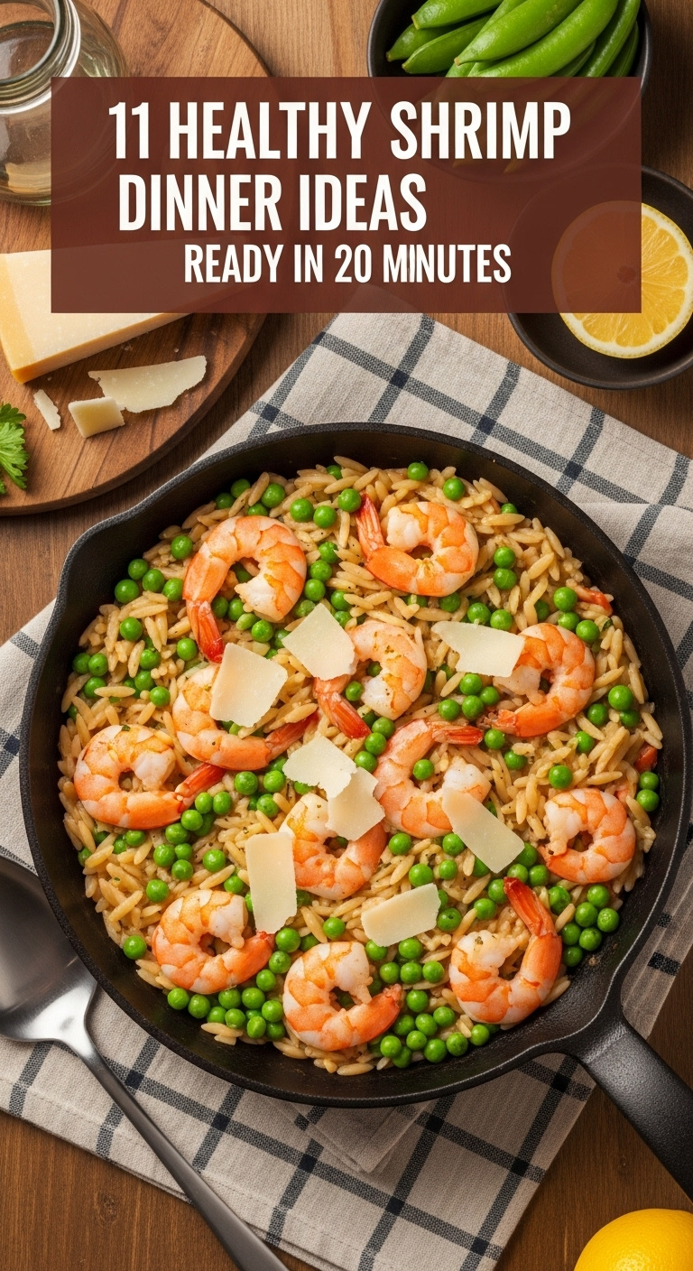 Creamy One-Pan Shrimp And Orzo Dinner With Peas And Parmesan Shavings In A Skillet With Serving Spoon And Lemon