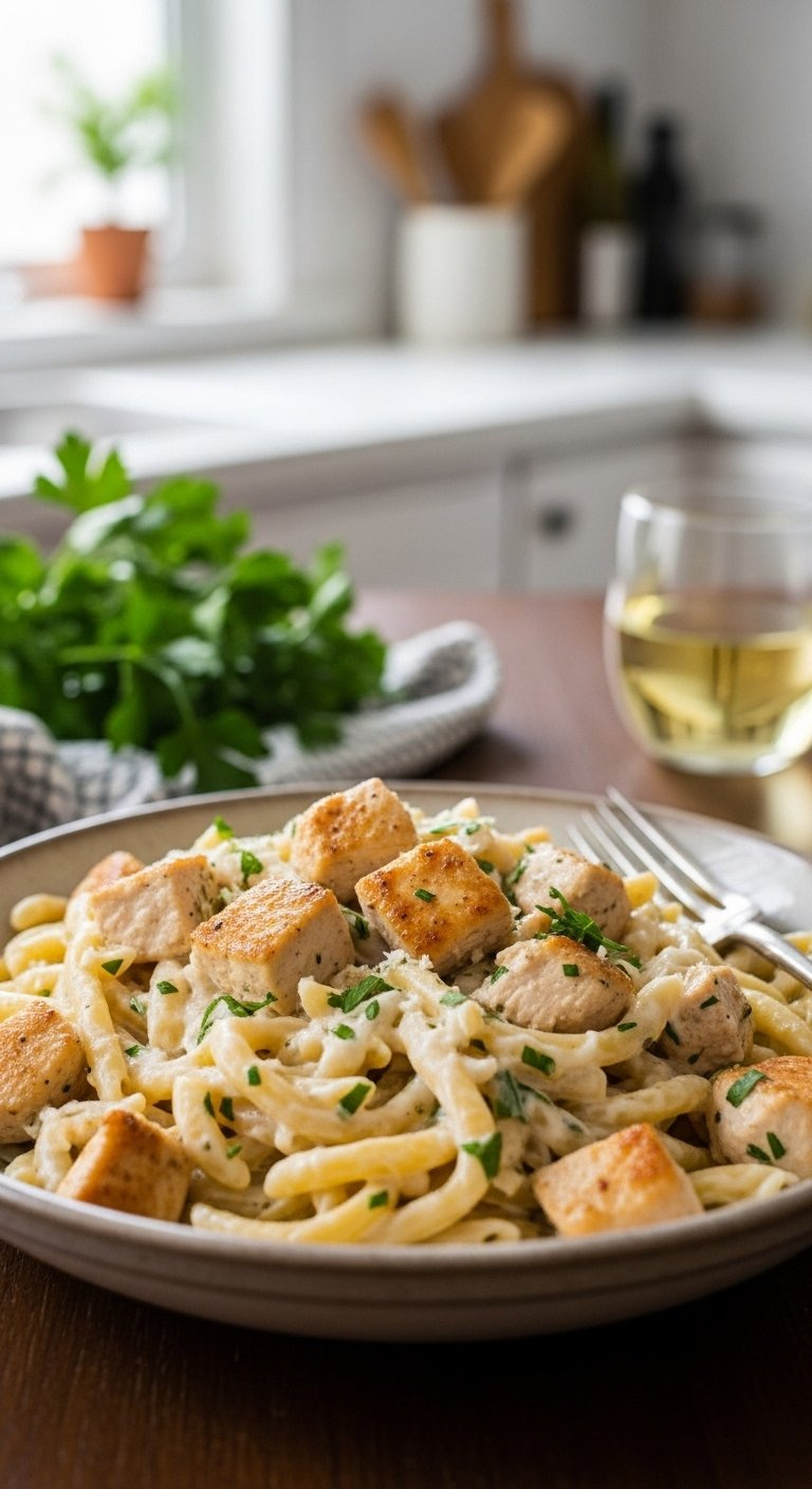 Creamy One-Pot Garlic Chicken Pasta With Golden Chunks And Parsley Served In A Rustic Ceramic Bowl.